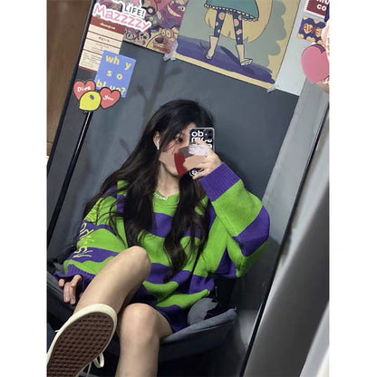 Lazy style ice cream stripe contrasting knitted sweater for women 2023 new loose autumn and winter round neck top trendy