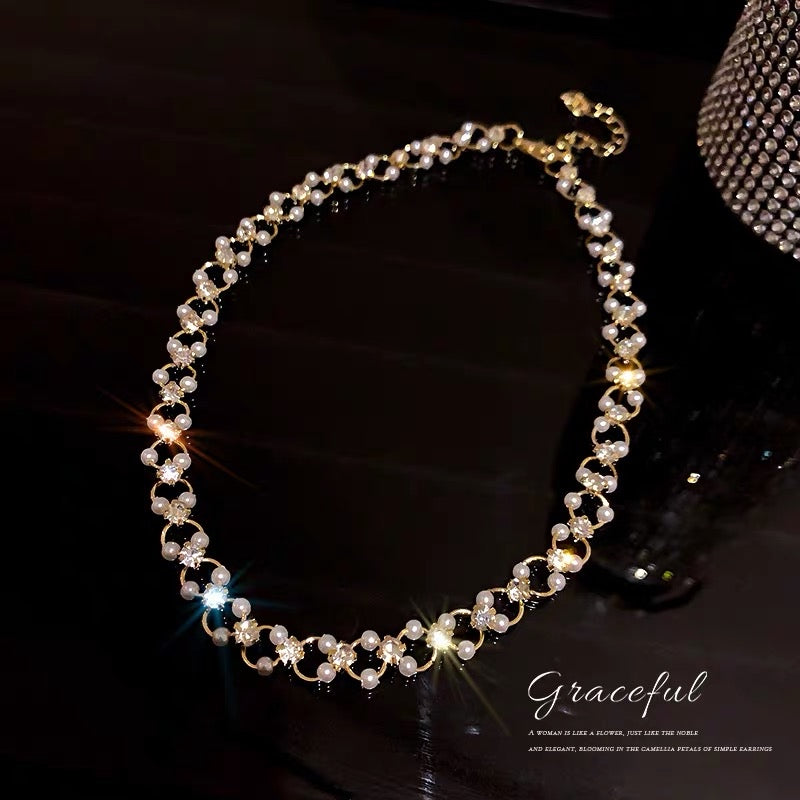 Real gold electroplating Korean fashion simple personality necklace diamond pearl necklace net red temperament design sense pendant female loop