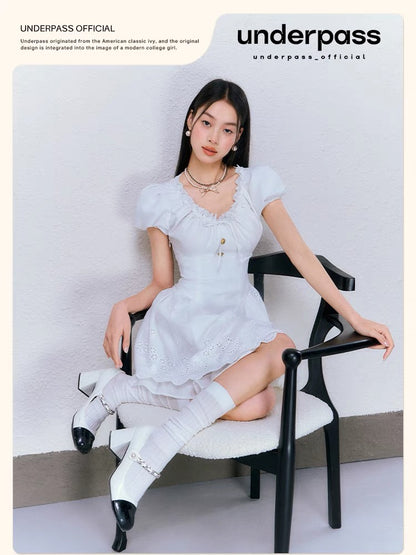 Underpass original design white sweet embroidered lace puff sleeves tie waist puffy dress for women