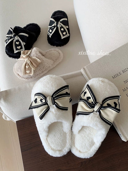 Thin strips 2023 new fashion home bow cotton slippers for women winter warm plush confinement shoes ins