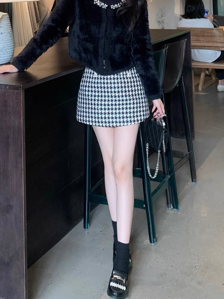 Juicecola Xiaoxiang style Korean retro houndstooth short skirt women's autumn new culottes