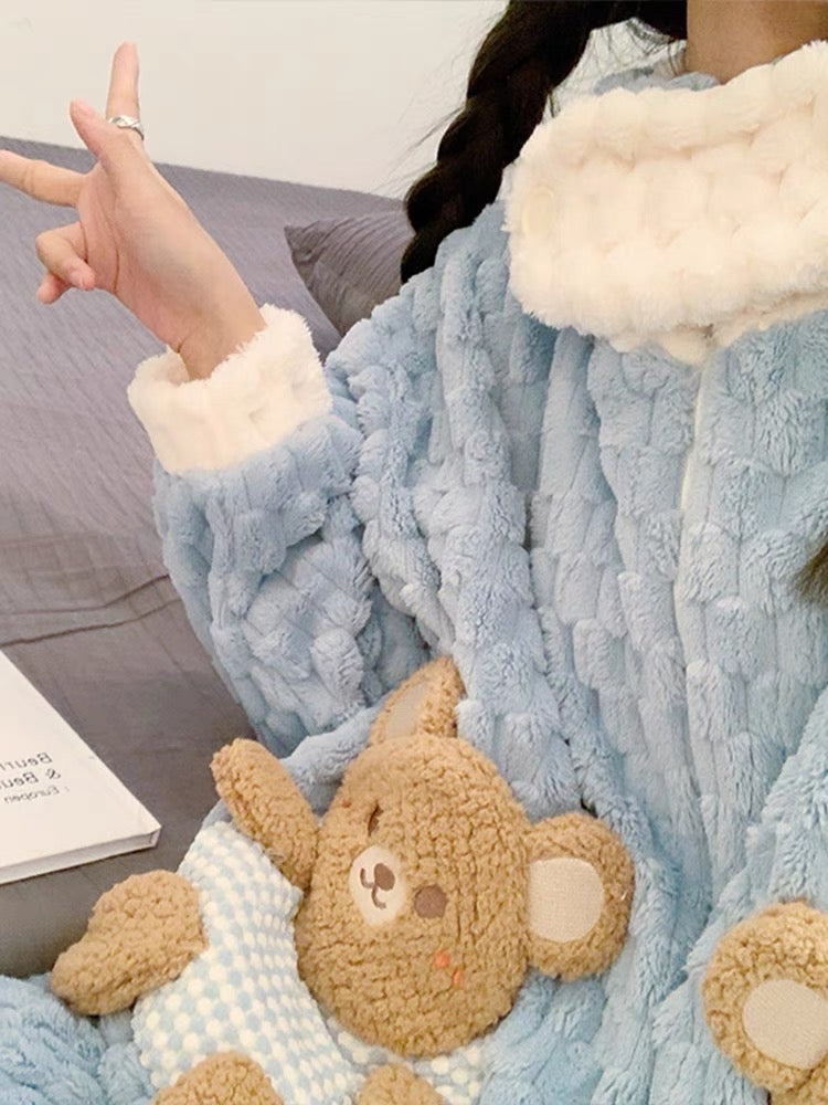 Coral velvet pajamas winter female cartoon bear Internet celebrity style autumn and winter style plus velvet thickened flannel with hood can be worn outside