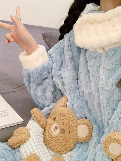 Coral velvet pajamas winter female cartoon bear Internet celebrity style autumn and winter style plus velvet thickened flannel with hood can be worn outside