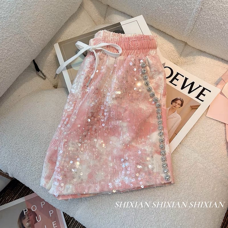 Xiaoxiangfeng pink denim shorts women's summer design sense heavy industry diamond chain sequins high waist loose casual hot pants trend