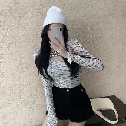 High waist short top women's bottoming shirt spring and autumn fashion chain personality sexy design sense niche letter long-sleeved T-shirt