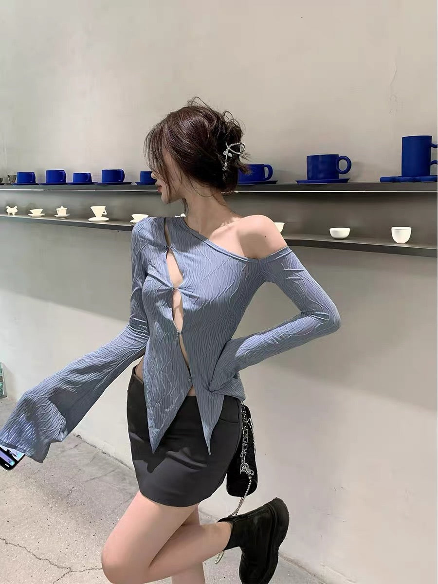EUSKY IIWAN Hollow design niche long-sleeved shirt with spring and summer new irregular off-shoulder top (T246)