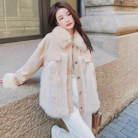 Plush spliced woolen coat for women 2022 winter new Korean style gentle style niche thickened woolen coat trend