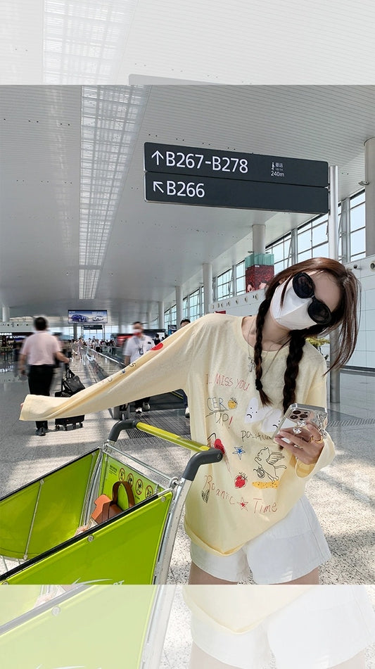 Zeng Xiaoxian Korean version of the printed top design sense niche female 2023 new summer fashion all-match thin long-sleeved T-shirt