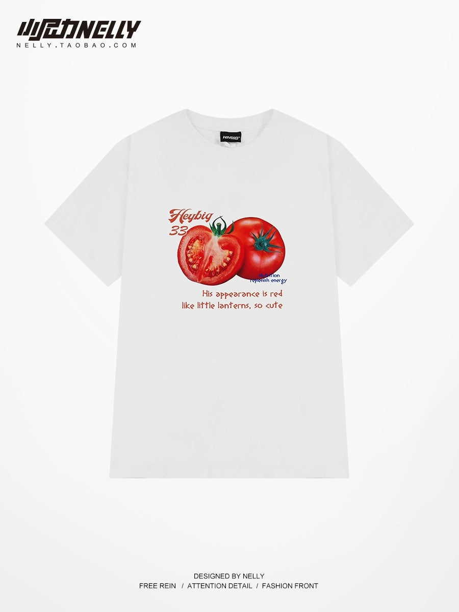 Trendy brand tomato print short-sleeved T-shirt for men and women in summer pure cotton casual loose trendy half-sleeved student versatile T-shirt