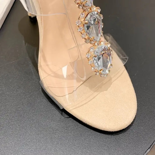 European and American fashion high-heeled shoes 2023 summer sexy transparent rhinestone stiletto crystal gem fairy style sandals female plus size