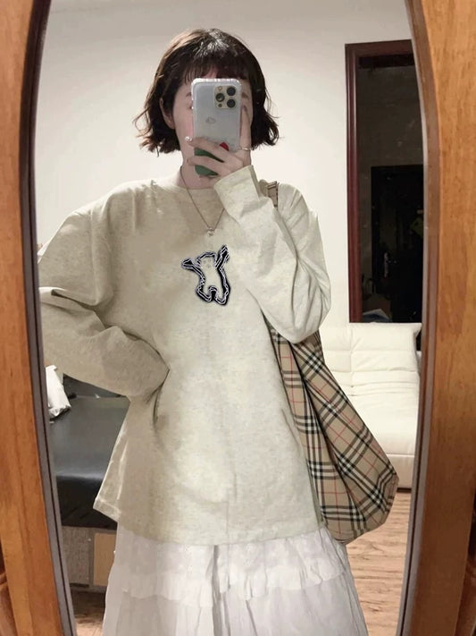 100% cotton American retro Hong Kong style chic straight shoulder long-sleeved T-shirt women's loose lazy niche design top