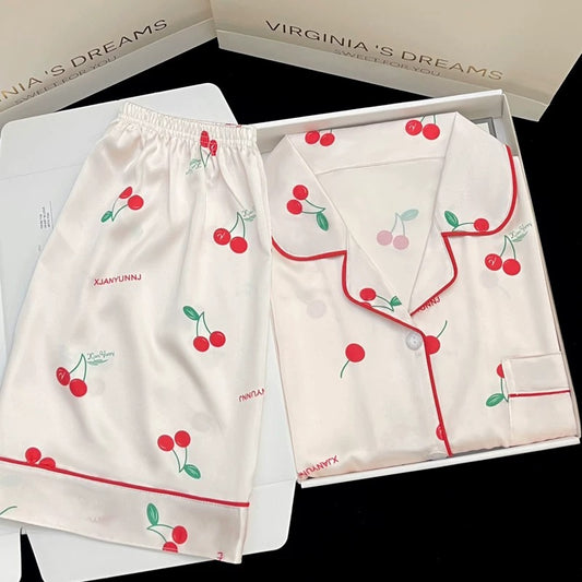 2024 new ice silk pajamas women's short-sleeved summer thin silk can be worn outside home clothes suit spring and summer