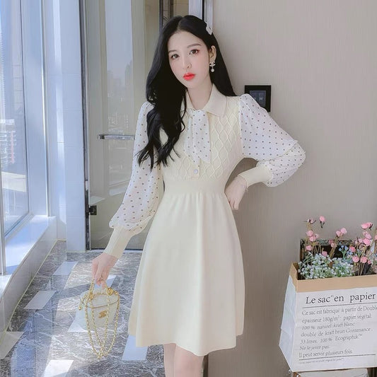 lolita early spring long-sleeved knitted dress for women 2023 new style waist slimming temperament with coat base skirt