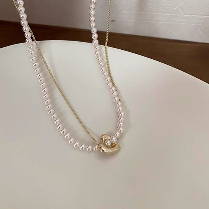 Real gold electroplating love pearl necklace French retro sweet double clavicle chain net red all-match temperament necklace female