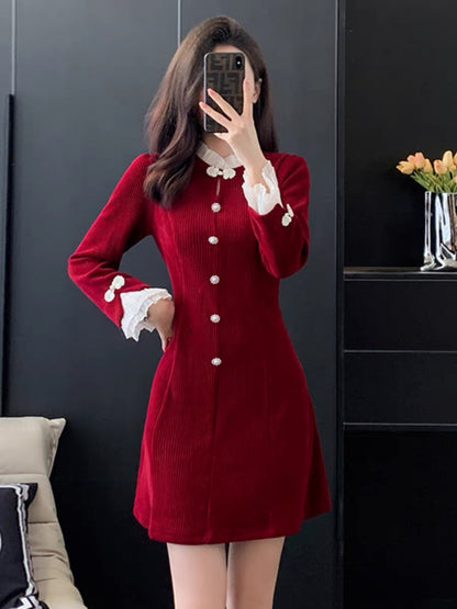 Autumn and winter French corduroy dress for women 2023 new high-end new Chinese style waist slimming Hepburn little red dress