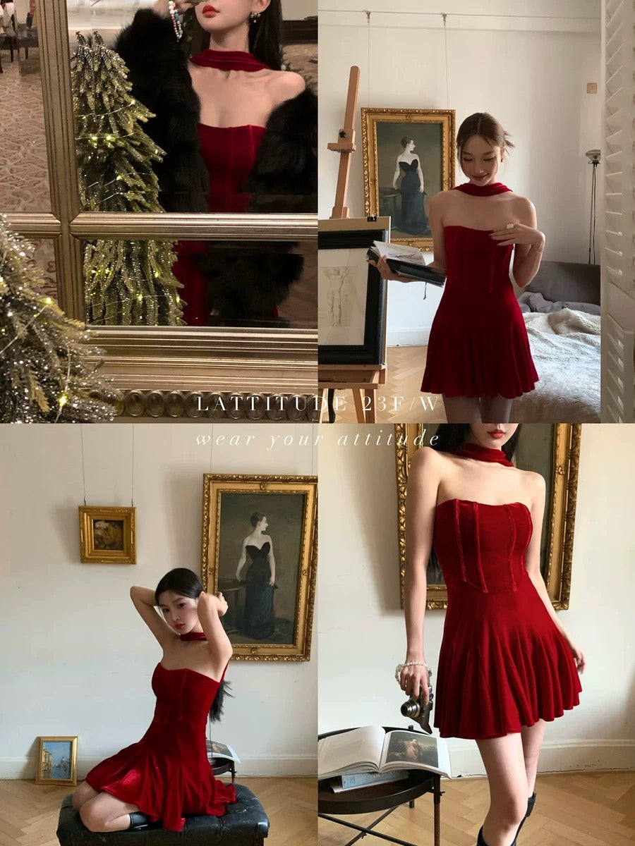 LATTITUDE/Yang Xiaolu Christmas Special Simulated Silk Red Velvet Halter Neck Back Strap Fishbone Dress