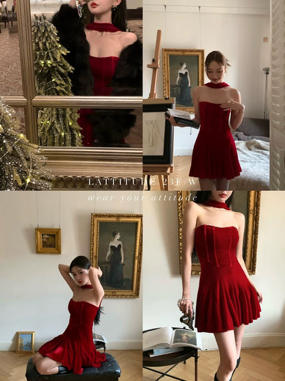 LATTITUDE/Yang Xiaolu Christmas Special Simulated Silk Red Velvet Halter Neck Back Strap Fishbone Dress