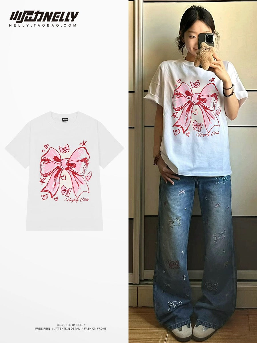 American trendy brand sweet cool bow tie t-shirt men and women short-sleeved summer 2024 hot style loose design tops ins