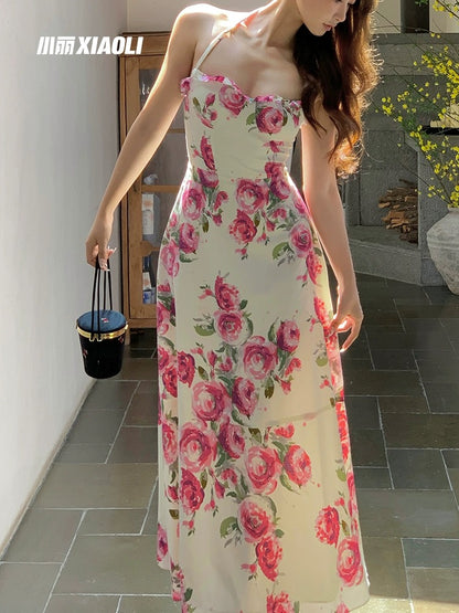 Xiaoli XIAOLI Carlo's rose floral sling dress spring and summer French high-end exquisite holiday long skirt