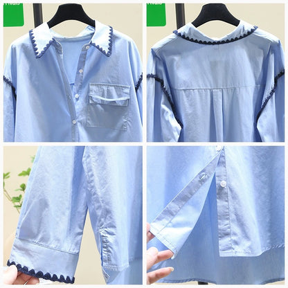 Blue design shell embroidered shirt for women 2024 spring new Korean loose slim shirt chic top
