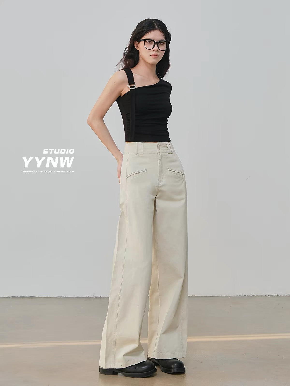 Women's 2026 New High-Waisted Slimming Casual Trousers – Pure Cotton Khaki, Straight-Leg Wide-Cut Utility Style (Petite-Friendly)