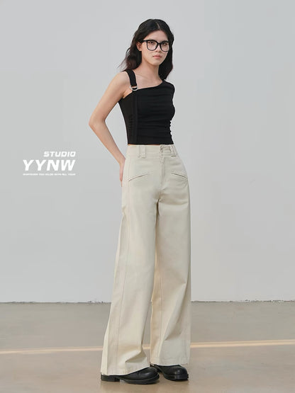 Women's 2026 New High-Waisted Slimming Casual Trousers – Pure Cotton Khaki, Straight-Leg Wide-Cut Utility Style (Petite-Friendly)