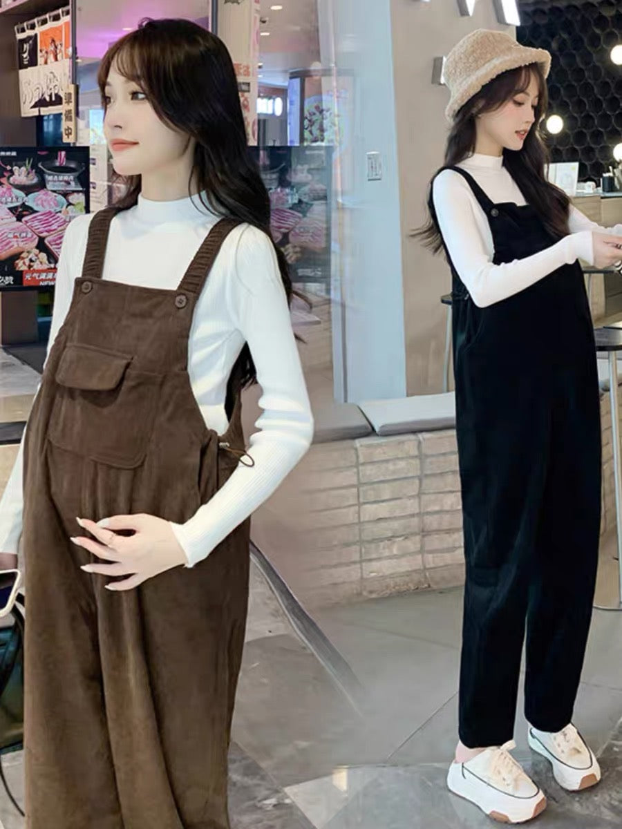 Maternity autumn clothing set, fashionable casual warm bottoming shirt, corduroy overalls, small person autumn and winter clothing two-piece set