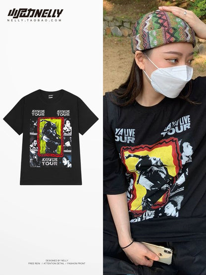 Summer pure cotton character print short-sleeved T-shirt for men and women 2024 new ins loose heavyweight trendy half-sleeved T-shirt