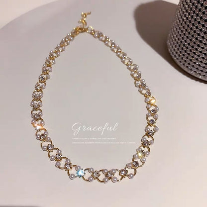 Real gold electroplating Korean fashion simple personality necklace diamond pearl necklace net red temperament design sense pendant female loop