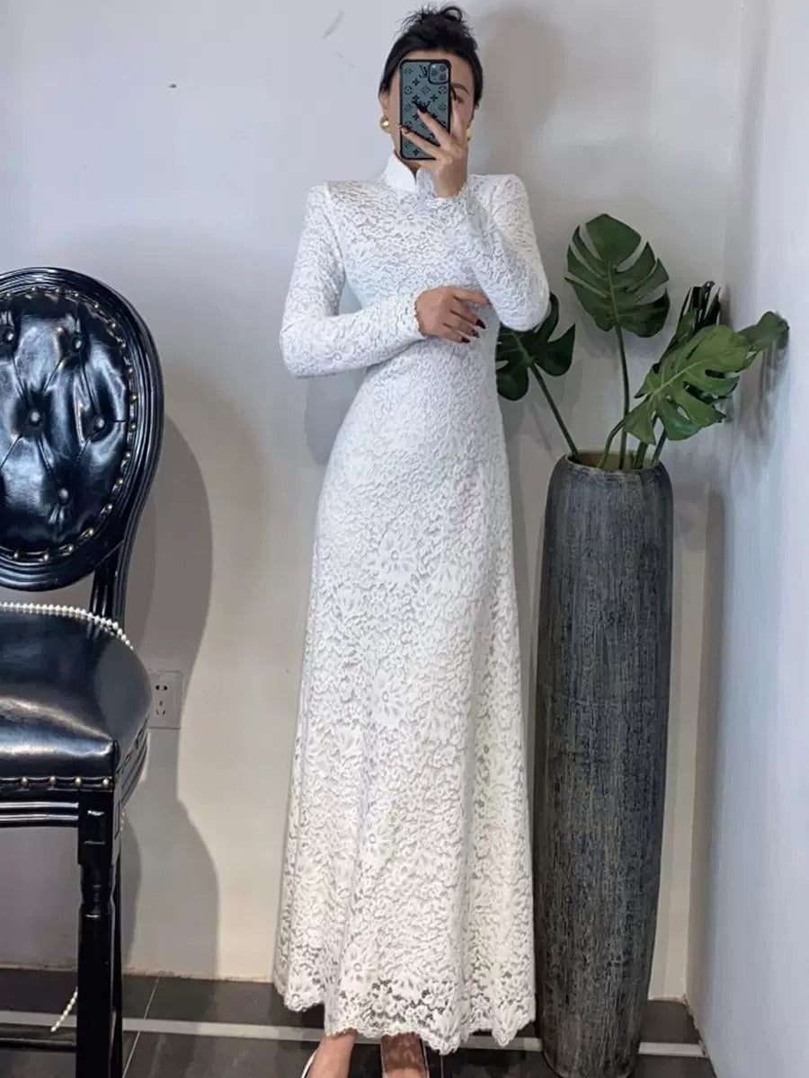 National style new Chinese style cheongsam stand collar slim mink velvet lace dress spring autumn winter red elegant dress black and white