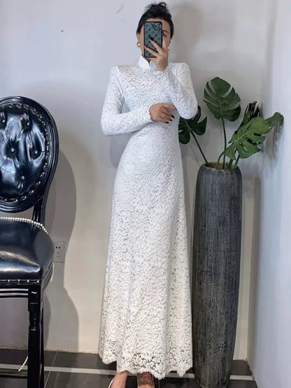 National style new Chinese style cheongsam stand collar slim mink velvet lace dress spring autumn winter red elegant dress black and white