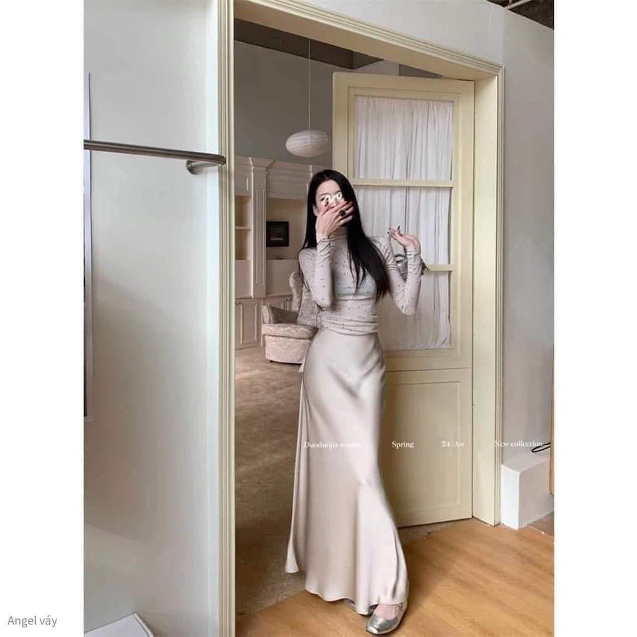 High waist medium length satin acetate silky skirt female 2025 spring and autumn summer new hip fishtail A-line long skirt