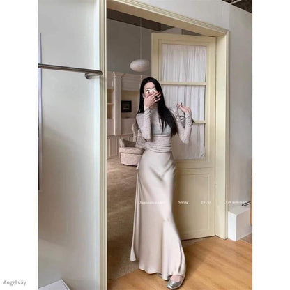 High waist medium length satin acetate silky skirt female 2025 spring and autumn summer new hip fishtail A-line long skirt