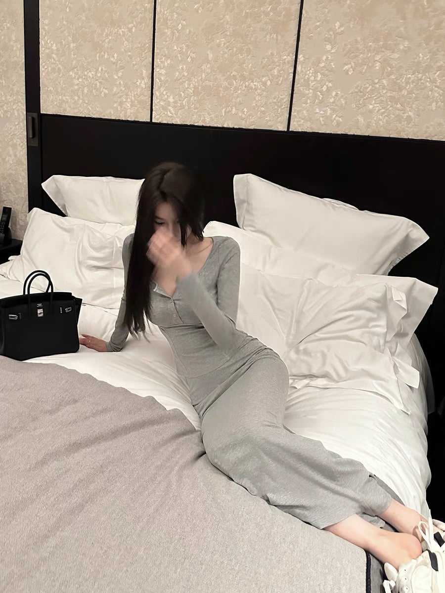 Xu Xuah [big breasts and thin waist] sexy gray fishbone long-sleeved T-shirt base + skirt long casual suit