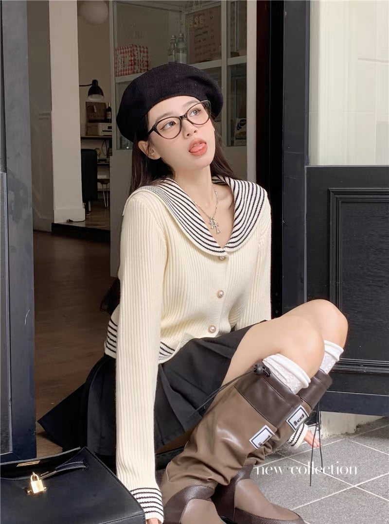 Design niche knitted cardigan jacket for women autumn and winter 2023 new striped navy collar short long-sleeved top trendy A2230