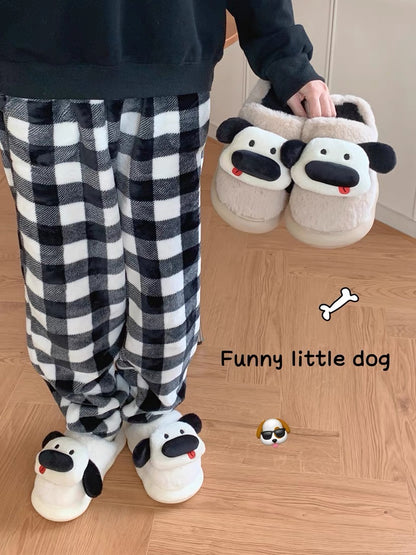 Thin strips of cute and cute three-dimensional dog couple cotton slippers to keep warm and non-slip winter internet celebrity home shoes for men and women