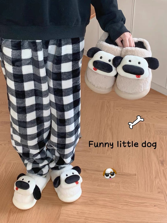 Thin strips of cute and cute three-dimensional dog couple cotton slippers to keep warm and non-slip winter internet celebrity home shoes for men and women