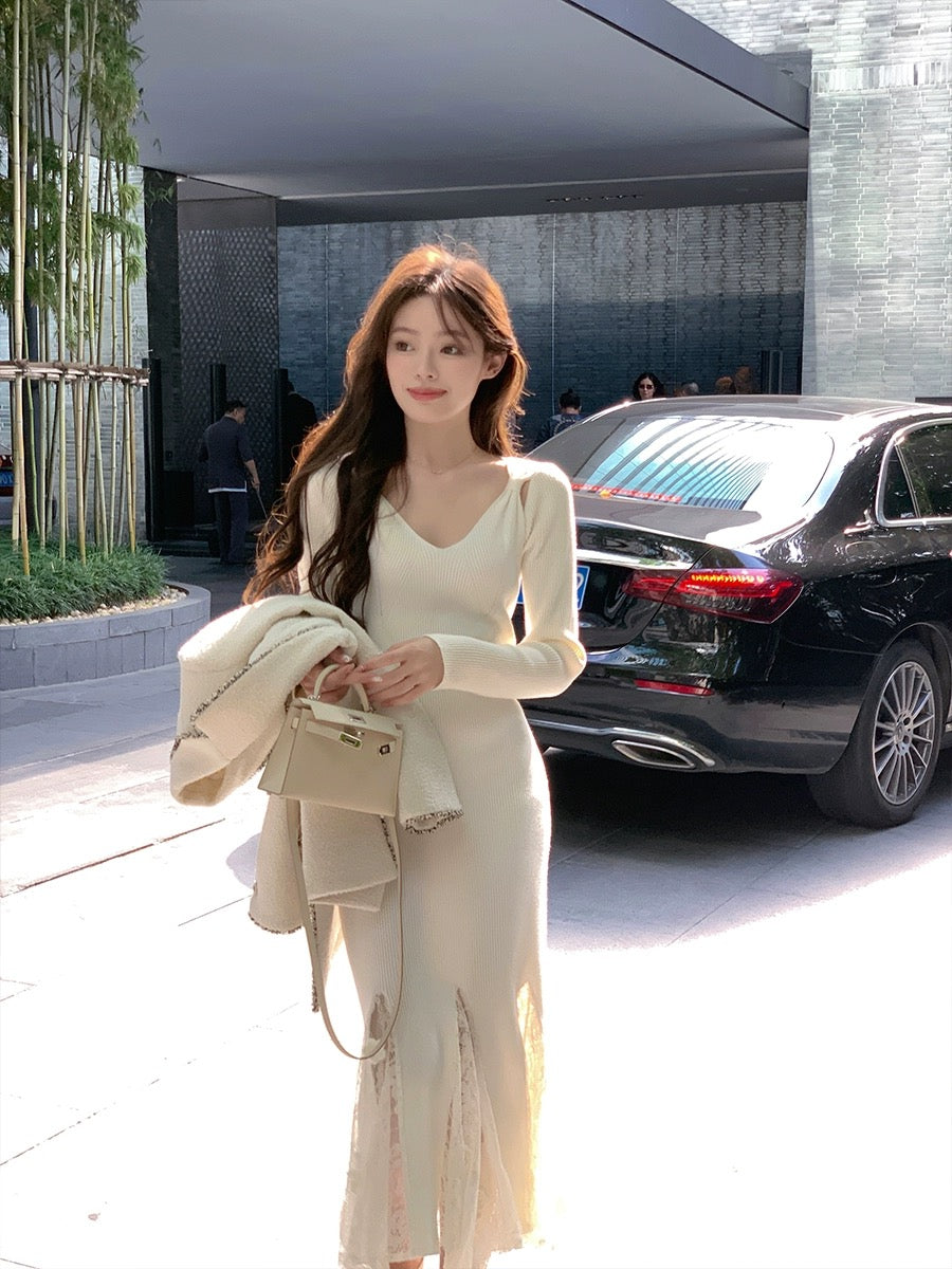 ByYou2024 Spring V-neck long-sleeved spliced lace white rabbit velvet knitted dress long inner sweater skirt