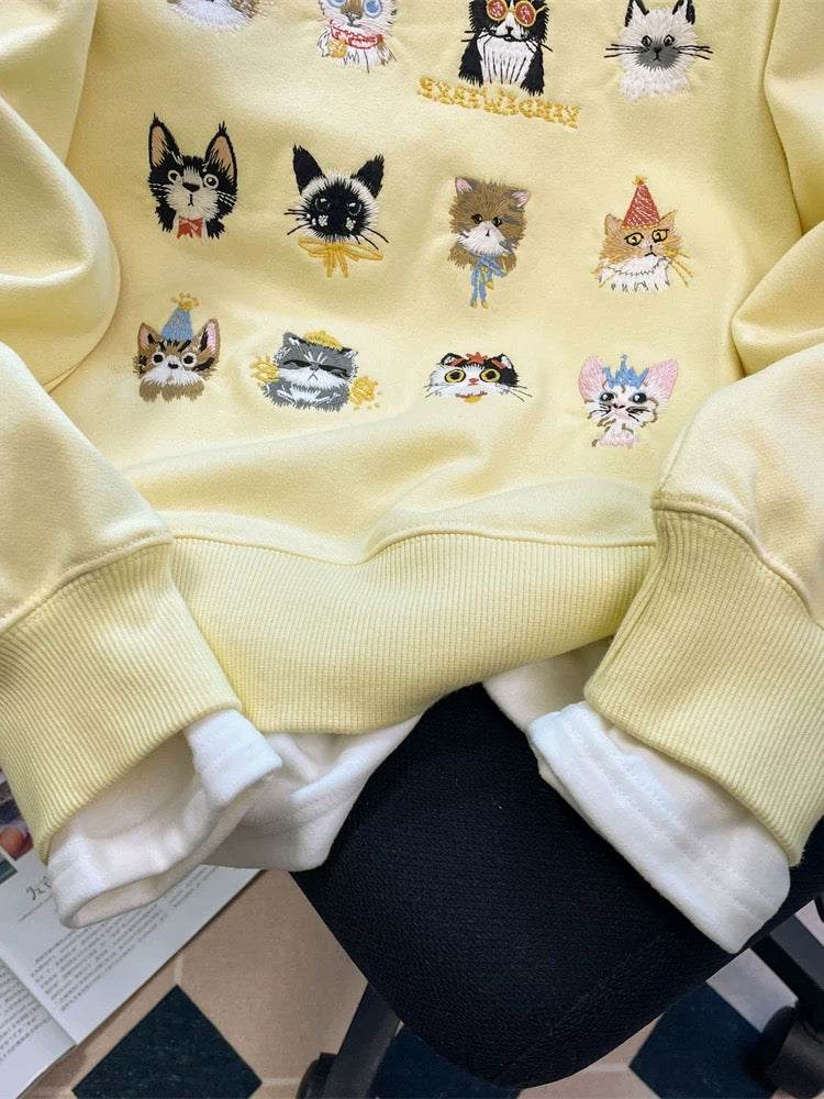European goods niche heavy embroidery cat fake two-piece sweatshirt men and women spring and autumn stylish unique and exquisite super good-looking tops