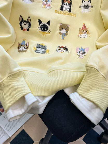 European goods niche heavy embroidery cat fake two-piece sweatshirt men and women spring and autumn stylish unique and exquisite super good-looking tops