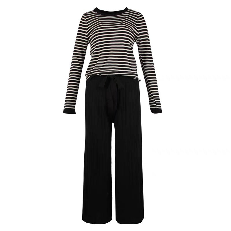 Suit Women's New Striped Slim Fit Round Neck Long Sleeve Knitted Bottoming Shirt Drawstring Tie High Waisted Wide Leg Pants Autumn