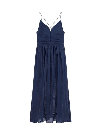 Pure desire backless v-neck suspender dress for women in summer high-end French A-line skirt pleated waist dress long skirt