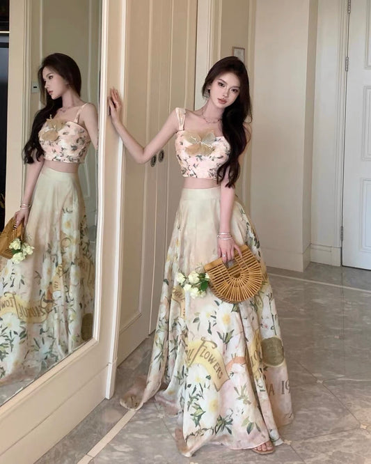 French suit temperament camisole top women's summer seaside vacation two-piece high-quality skirt long skirt