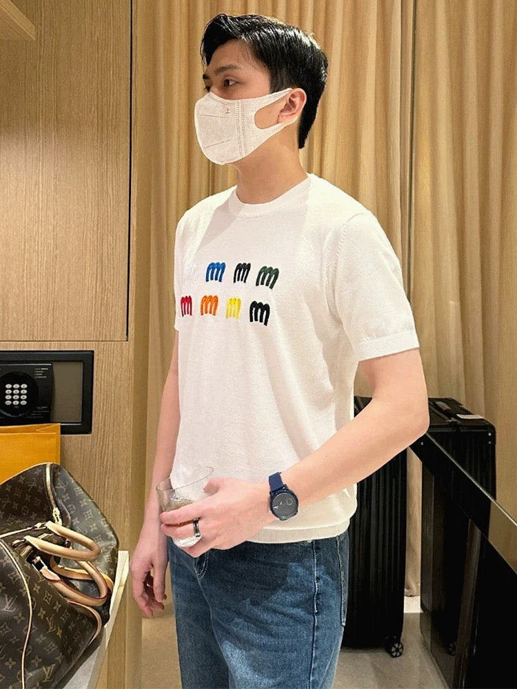 Yomobrother personalized color letter embroidery short-sleeved men's summer casual knitted tops white T-shirt men
