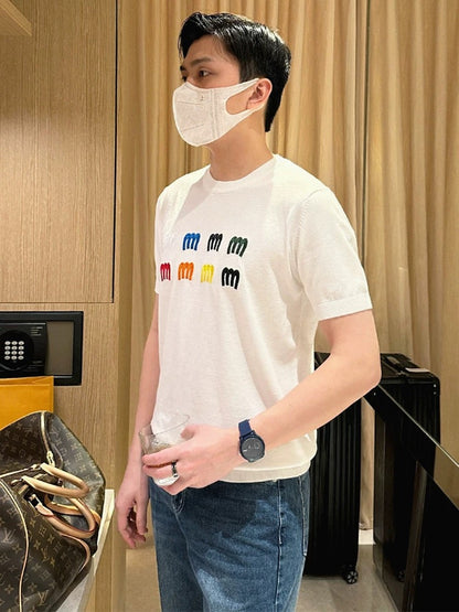 Yomobrother personalized color letter embroidery short-sleeved men's summer casual knitted tops white T-shirt men