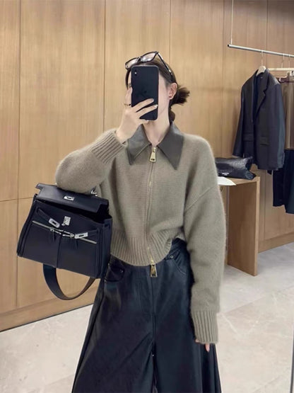 European high-end POLO lapel knitted cardigan double-ended zipper salt style lazy style raccoon velvet sweater jacket for women