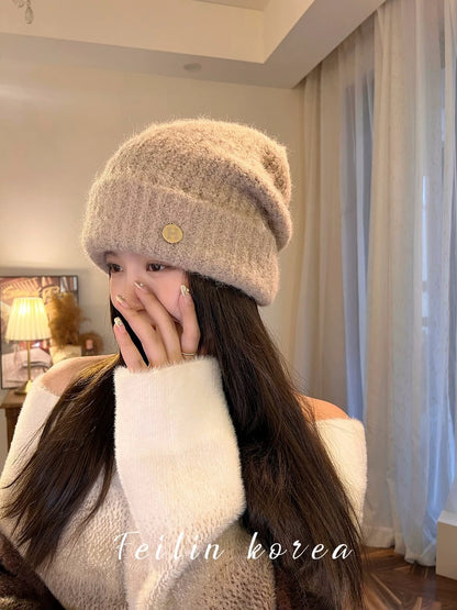 Cashmere Knitted Hat Women's 2023 New Wool Hat Autumn and Winter Warmth Ear Protection Internet Celebrity Pile Hat Big Head Circumference Cold Hat