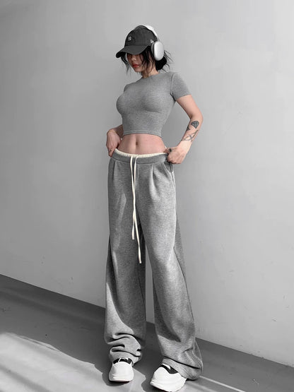 Contrast color splicing casual straight-leg sweatpants for women 2024 spring and autumn new high-waisted slimming versatile sports wide-leg floor-length pants