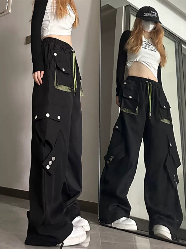 American high street workwear casual pants for women in autumn, loose contrasting color straight trousers with pockets, straight leg leggings, wide leg trousers