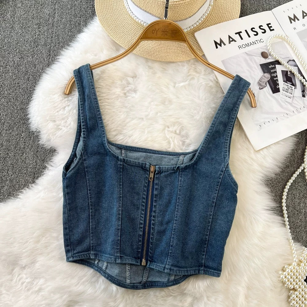 Retro style short denim camisole women's outer wear summer all-match western style slim zipper backless top